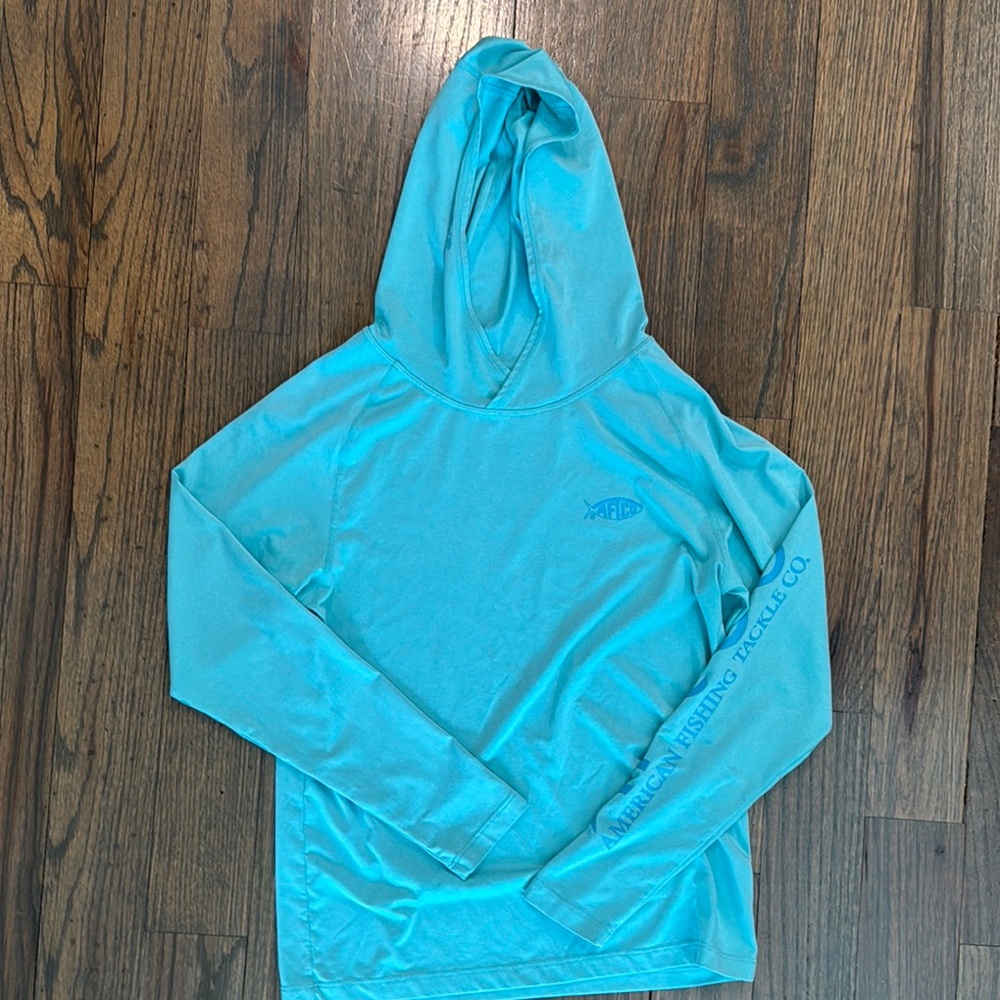 Kids Blue/Green Hooded Rash Guard Long Sleeve Shirt